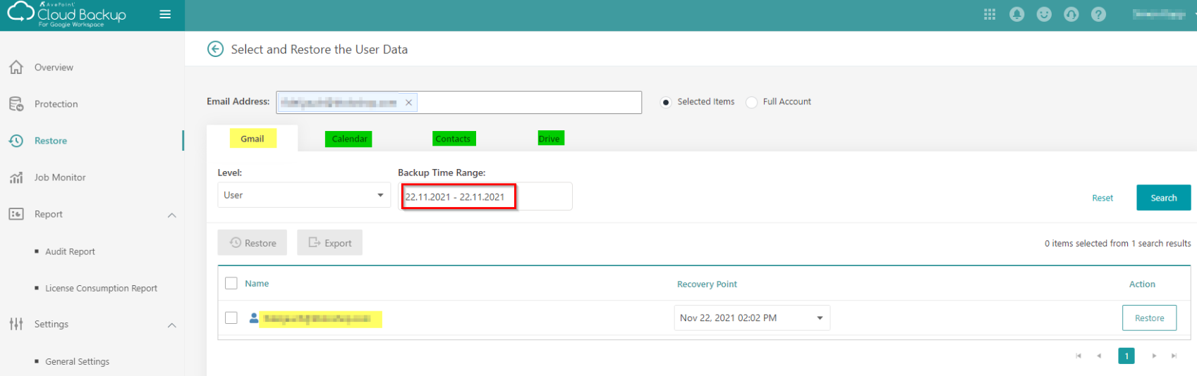 AvePoint Gmail ausgewählt