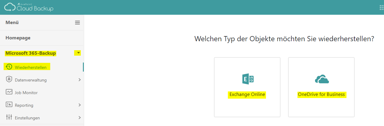 AvePoint Backup Auswahl Objekte
