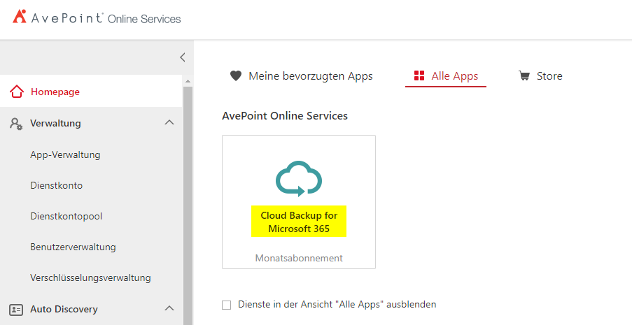 AvePoint Kontrolle Microsoft 365 Auswahl