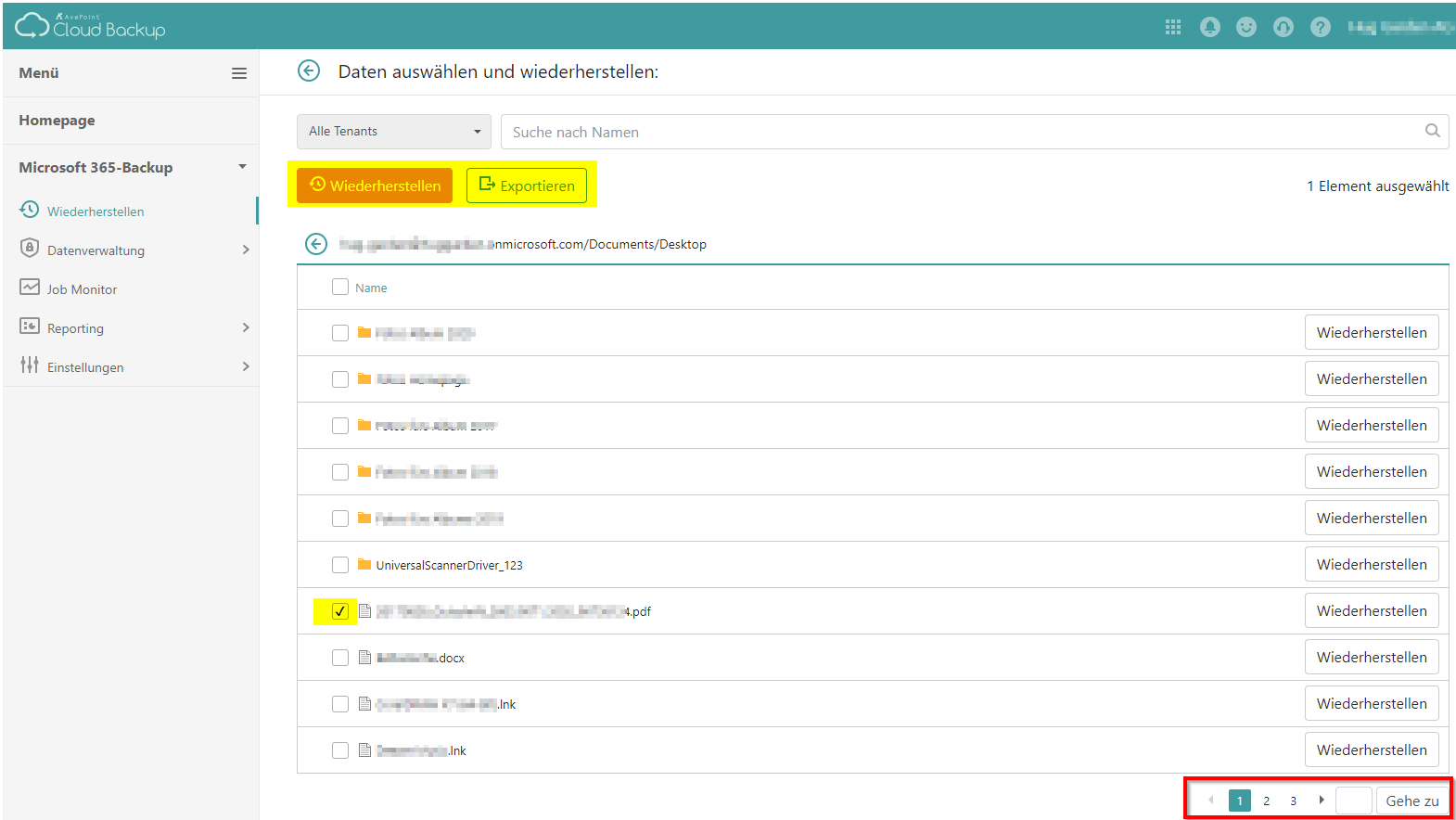 AvePoint Backup Daten Auswahl