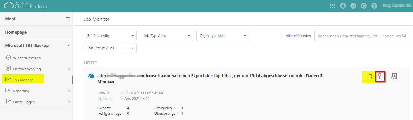 AvePoint Job-Monitor Passwortanzeige